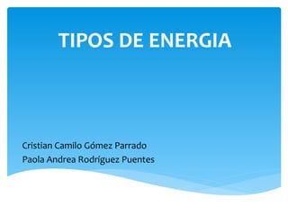 Cristian Camilo Gómez Parrado
Paola Andrea Rodríguez Puentes
TIPOS DE ENERGIATIPOS DE ENERGIA
 