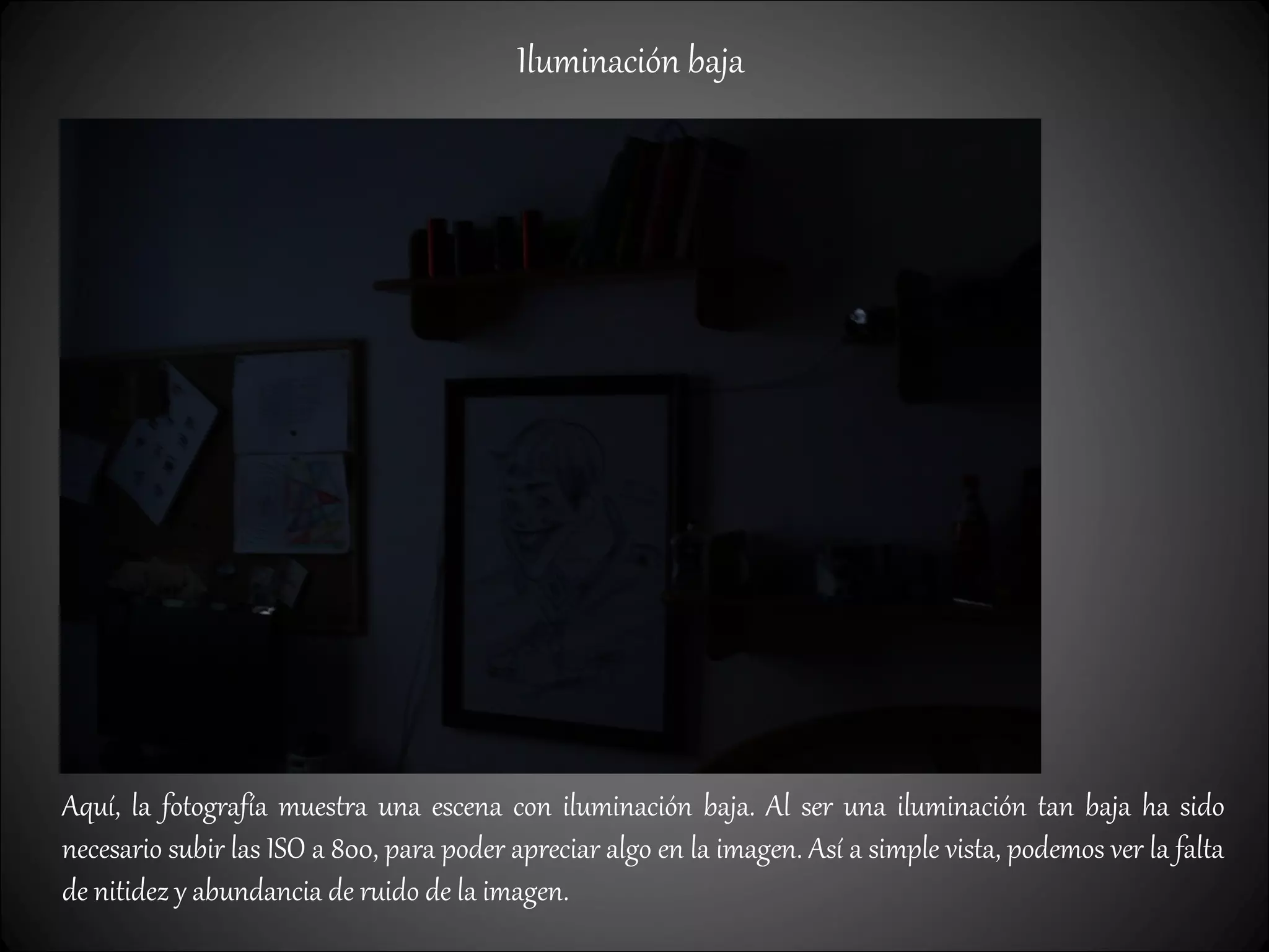 Iluminación baja
Aquí, la fotografía muestra una escena con iluminación baja. Al ser una iluminación tan baja ha sido
necesario subir las ISO a 800, para poder apreciar algo en la imagen. Así a simple vista, podemos ver la falta
de nitidez y abundancia de ruido de la imagen.
 