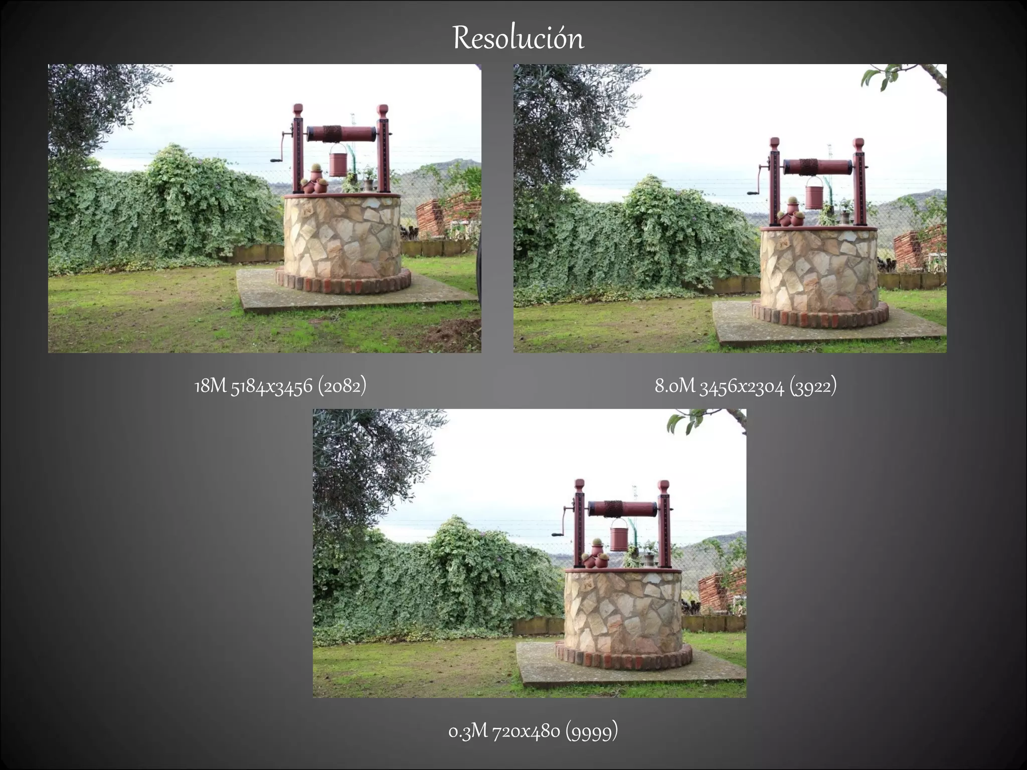 Resolución
18M 5184x3456 (2082) 8.0M 3456x2304 (3922)
0.3M 720x480 (9999)
 