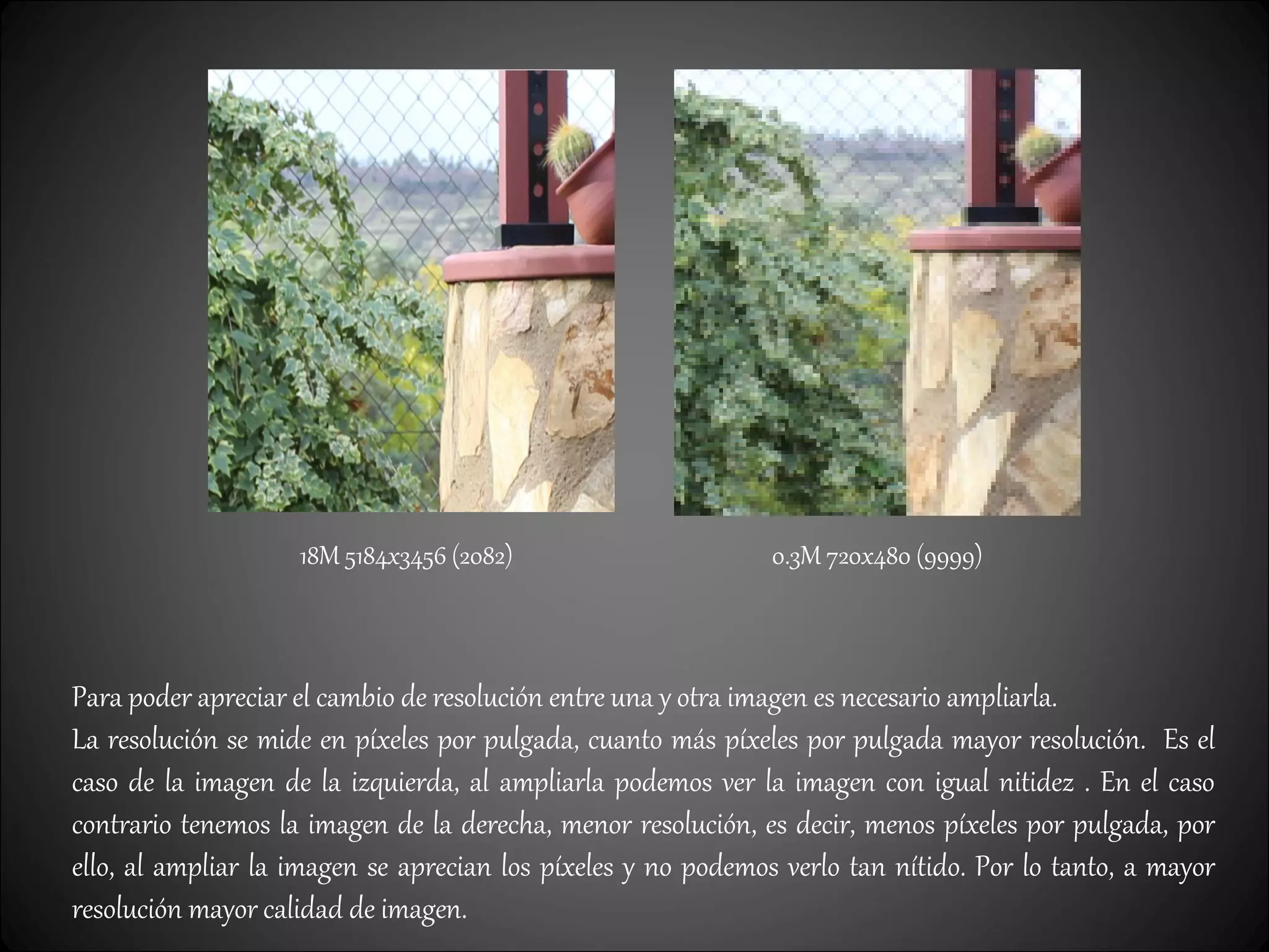 18M 5184x3456 (2082) 0.3M 720x480 (9999)
Para poder apreciar el cambio de resolución entre una y otra imagen es necesario ampliarla.
La resolución se mide en píxeles por pulgada, cuanto más píxeles por pulgada mayor resolución. Es el
caso de la imagen de la izquierda, al ampliarla podemos ver la imagen con igual nitidez . En el caso
contrario tenemos la imagen de la derecha, menor resolución, es decir, menos píxeles por pulgada, por
ello, al ampliar la imagen se aprecian los píxeles y no podemos verlo tan nítido. Por lo tanto, a mayor
resolución mayor calidad de imagen.
 