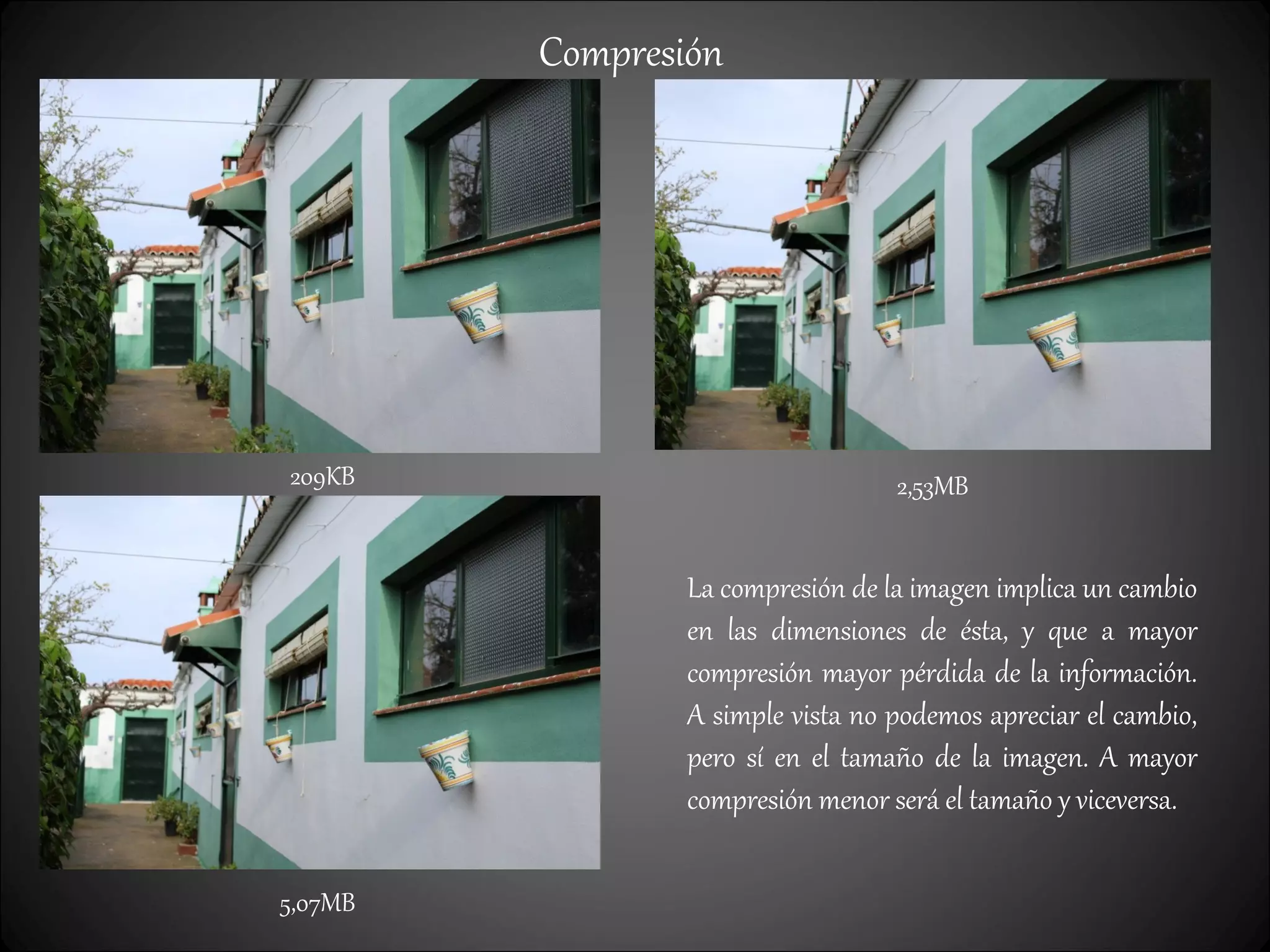 Compresión
209KB 2,53MB
5,07MB
La compresión de la imagen implica un cambio
en las dimensiones de ésta, y que a mayor
compresión mayor pérdida de la información.
A simple vista no podemos apreciar el cambio,
pero sí en el tamaño de la imagen. A mayor
compresión menor será el tamaño y viceversa.
 