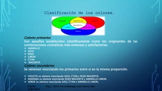 Clasificación de los colores.
Colores primarios
Son aquellos establecidos científicamente como los originantes de las
combinaciones cromáticas más extensas y satisfactorias.
 AMARILLO
 AZUL
 ROJO
 LIMON
 CYAN
 MAGENTA
Colores secundarios
Se obtienen mezclando los primarios entre si en la misma proporción.
 VIOLETA se obtiene mezclando AZUL CYAN y ROJO MAGENTA.
 NARANJA se obtiene mezclando ROJO MAGENTA y AMARILLO LIMON.
 VERDE se obtiene mezclando AZUL CYAN y AMARILLO LIMON.
Fuente : http://html.rincondelvago.com/teoria-del-
color.html
 