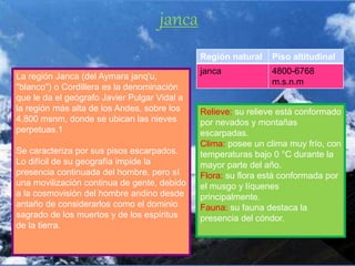 Relieve: su relieve está conformado
por nevados y montañas
escarpadas.
Clima: posee un clima muy frío, con
temperaturas bajo 0 °C durante la
mayor parte del año.
Flora: su flora está conformada por
el musgo y líquenes
principalmente.
Fauna: su fauna destaca la
presencia del cóndor.
janca
La región Janca (del Aymara janq'u,
"blanco") o Cordillera es la denominación
que le da el geógrafo Javier Pulgar Vidal a
la región más alta de los Andes, sobre los
4,800 msnm, donde se ubican las nieves
perpetuas.1
Se caracteriza por sus pisos escarpados.
Lo difícil de su geografía impide la
presencia continuada del hombre, pero sí
una movilización continua de gente, debido
a la cosmovisión del hombre andino desde
antaño de considerarlos como el dominio
sagrado de los muertos y de los espíritus
de la tierra.
Región natural Piso altitudinal
janca 4800-6768
m.s.n.m
 