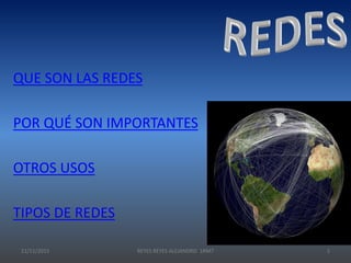 QUE SON LAS REDES
POR QUÉ SON IMPORTANTES
OTROS USOS
TIPOS DE REDES
21/11/2015 REYES REYES ALEJANDRO 1RM7 1
 