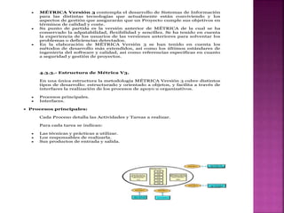  MÉTRICA Versión 3 contempla el desarrollo de Sistemas de Información
para las distintas tecnologías que actualmente están conviviendo y los
aspectos de gestión que asegurarán que un Proyecto cumple sus objetivos en
términos de calidad y coste.
 Su punto de partida es la versión anterior de MÉTRICA de la cual se ha
conservado la adpatabilidad, flexibilidad y sencillez. Se ha tenido en cuenta
la experiencia de los usuarios de las versiones anteriores para solventar los
problemas o deficiencias detectados.
 En la elaboración de MÉTRICA Versión 3 se han tenido en cuenta los
métodos de desarrollo más extendidos, así como los últimos estándares de
ingeniería del software y calidad, así como referencias específicas en cuanto
a seguridad y gestión de proyectos.
4.3.3.- Estructura de Métrica V3.
En una única estructura la metodología MÉTRICA Versión 3 cubre distintos
tipos de desarrollo: estructurado y orientado a objetos, y facilita a través de
interfaces la realización de los procesos de apoyo u organizativos.
 Procesos principales.
 Interfaces.
• Procesos principales:
Cada Proceso detalla las Actividades y Tareas a realizar.
Para cada tarea se indican:
 Las técnicas y prácticas a utilizar.
 Los responsables de realizarla.
 Sus productos de entrada y salida.
 