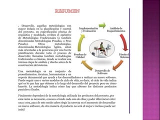 . Desarrollo, aquellas metodologías con
mayor énfasis en la planificación y control
del proyecto, en especificación precisa de
requisitos y modelado, reciben el apelativo
de Metodologías Tradicionales (o también
denominadas Metodologías Pesadas, o Peso
Pesado). Otras metodologías,
denominadas Metodologías Ágiles, están
más orientadas a la generacas por una fuerte
planificación durante todo el proceso de
desarrollo; llamadas también metodologías
tradicionales o clásicas, donde se realiza una
intensa etapa de análisis y diseño antes de la
construcción del sistema.
Una metodología es un conjunto de
procedimientos, técnicas, herramientas y un
soporte documental que ayuda a los desarrolladores a realizar un nuevo software.
Puede seguir uno o varios modelos de ciclo de vida, es decir, el ciclo de vida indica
qué es lo que hay que obtener a lo largo del desarrollo del proyecto pero no cómo
hacerlo. La metodología indica cómo hay que obtener los distintos productos
parciales y finales.
Finalmente dependerá de la metodología utilizada los productos del proyecto, por
esta razón es necesario, conoces a fondo cada una de ellas y poder diferenciar entre
una y otra, para de este modo saber elegir la correcta en el momento de desarrollar
un nuevo software, de otra manera el producto no será el mejor e incluso puede ser
inútil
 