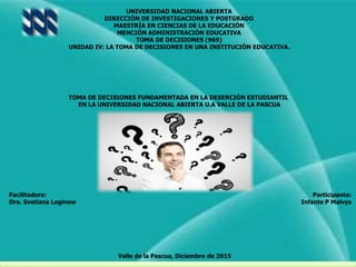 UNIVERSIDAD NACIONAL ABIERTA
DIRECCIÓN DE INVESTIGACIONES Y POSTGRADO
MAESTRÍA EN CIENCIAS DE LA EDUCACIÓN
MENCIÓN ADMINISTRACIÓN EDUCATIVA
TOMA DE DECISIONES (969)
UNIDAD IV: LA TOMA DE DECISIONES EN UNA INSTITUCIÓN EDUCATIVA.
TOMA DE DECISIONES FUNDAMENTADA EN LA DESERCIÓN ESTUDIANTIL
EN LA UNIVERSIDAD NACIONAL ABIERTA U.A VALLE DE LA PASCUA
Facilitadora: Participante:
Dra. Svetlana Loginow Infante P Malvys
Valle de la Pascua, Diciembre de 2015
 