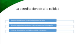 La acreditación de alta calidad
Garantizar programas que cumplan los estándares del M.E.N
Garantizar a la población estudiantil programas académicos homologables
Fomentar la investigación científica, tecnológica, y humanística
 