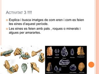 ACTIVITAT 3 !!!!
 Explica i busca imatges de com eren i com es feien
les eines d’aquest període.
 Les eines es feien amb pals , roques o minerals i
algues per amararles.
 