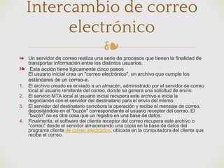 ❧❧ Un servidor de correo realiza una serie de procesos que tienen la finalidad de
transportar información entre los distintos usuarios.
❧ Esta acción tiene típicamente cinco pasos
El usuario inicial crea un "correo electrónico", un archivo que cumple los
estándares de un correo-e.
1. El archivo creado es enviado a un almacén, administrado por el servidor de correo
local al usuario remitente del correo, donde se genera una solicitud de envío.
2. El servicio MTA local al usuario inicial recupera este archivo e inicia la
negociación con el servidor del destinatario para el envío del mismo.
3. El servidor del destinatario corrobora la operación y recibe el mensaje de correo,
depositándolo en el "buzón" correspondiente al usuario receptor del correo. El
"buzón" no es otra cosa que un registro en una base de datos.
4. Finalmente, el software del cliente receptor del correo recupera este archivo o
"correo" desde el servidor almacenando una copia en la base de datos del
programa cliente de correo electrónico, ubicada en la computadora del cliente que
recibe el correo.
Intercambio de correo
electrónico
 