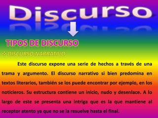 Este discurso expone una serie de hechos a través de una
trama y argumento. El discurso narrativo si bien predomina en
textos literarios, también se los puede encontrar por ejemplo, en los
noticieros. Su estructura contiene un inicio, nudo y desenlace. A lo
largo de este se presenta una intriga que es la que mantiene al
receptor atento ya que no se la resuelve hasta el final.
 