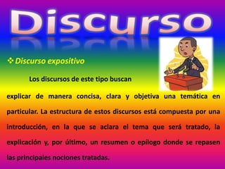 Discurso expositivo
Los discursos de este tipo buscan
explicar de manera concisa, clara y objetiva una temática en
particular. La estructura de estos discursos está compuesta por una
introducción, en la que se aclara el tema que será tratado, la
explicación y, por último, un resumen o epílogo donde se repasen
las principales nociones tratadas.
 