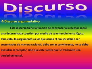 Discurso argumentativo
Este discurso tiene la función de convencer al receptor sobre
una determinada cuestión por medio de su entendimiento lógico.
Para esto, los argumentos a los que acuda el emisor deben ser
sustentados de manera racional, debe sonar convincente, no se debe
avasallar al receptor, sino que este sienta que se transmite una
verdad universal.
 