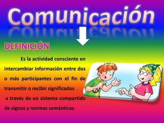 Es la actividad consciente en
intercambiar información entre dos
o más participantes con el fin de
transmitir o recibir significados
a través de un sistema compartido
de signos y normas semánticas.
 