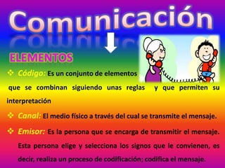  Código: Es un conjunto de elementos
que se combinan siguiendo unas reglas y que permiten su
interpretación
 Canal: El medio físico a través del cual se transmite el mensaje.
 Emisor: Es la persona que se encarga de transmitir el mensaje.
Esta persona elige y selecciona los signos que le convienen, es
decir, realiza un proceso de codificación; codifica el mensaje.
 