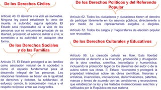 De los Derechos Civiles De los Derechos Políticos y del Referendo
Popular
Artículo 43. El derecho a la vida es inviolable.
Ninguna ley podrá establecer la pena de
muerte, ni autoridad alguna aplicarla. El
Estado será responsable de la vida de las
personas que se encuentren privadas de su
libertad, prestando el servicio militar o civil, o
sometidas a su autoridad en cualquier otra
forma.
Artículo 62. Todos los ciudadanos y ciudadanas tienen el derecho
de participar libremente en los asuntos públicos, directamente o
por medio de sus representantes elegidos o elegidas.
Artículo 72. Todos los cargos y magistraturas de elección popular
son revocables.
De los Derechos Sociales
y de las Familias
Artículo 75. El Estado protegerá a las familias
como asociación natural de la sociedad y
como el espacio fundamental para el
desarrollo integral de las personas. Las
relaciones familiares se basan en la igualdad
de derechos y deberes, la solidaridad, el
esfuerzo común, la comprensión mutua y el
respeto recíproco entre sus integrantes.
Artículo 98. La creación cultural es libre. Esta libertad
comprende el derecho a la inversión, producción y divulgación
de la obra creativa, científica, tecnológica y humanística,
incluyendo la protección legal de los derechos del autor o de la
autora sobre sus obras. El Estado reconocerá y protegerá la
propiedad intelectual sobre las obras científicas, literarias y
artísticas, invenciones, innovaciones, denominaciones, patentes,
marcas y lemas de acuerdo con las condiciones y excepciones
que establezcan la ley y los tratados internacionales suscritos y
ratificados por la República en esta materia
De los Derechos Culturales y Educativos
 