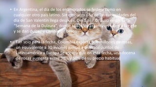 • En Argentina, el día de los enamorados se festeja como en
cualquier otro país latino. Sin embargo una de las curiosidades del
día de San Valentín llega después. Del 1 al 7 de Julio empieza la
“Semana de la Dulzura”, donde todos los argentinos salen a la calle
y se dan dulces a cambio de besos
• Tan solo para la fecha, Colombia exporta 500 millones de rosas,
un equivalente a 30 aviones jumbo a diversos puntos de
Latinoamérica y Europa Se estima que en esta fecha, una docena
de rosas aumenta entre 30% y 50% de su precio habitual
 