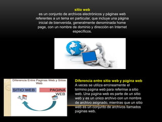 sitio web
es un conjunto de archivos electrónicos y páginas web
referentes a un tema en particular, que incluye una página
inicial de bienvenida, generalmente denominada home
page, con un nombre de dominio y dirección en Internet
específicos.
Diferencia entre sitio web y página web
A veces se utiliza erróneamente el
término página web para referirse a sitio
web. Una página web es parte de un sitio
web y es un único archivo con un nombre
de archivo asignado, mientras que un sitio
web es un conjunto de archivos llamados
páginas web.
 
