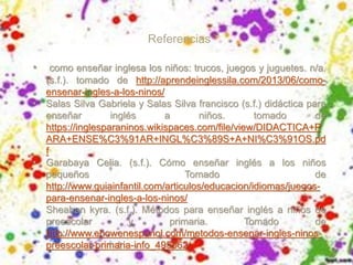 Referencias
• como enseñar inglesa los niños: trucos, juegos y juguetes. n/a.
(s.f.). tomado de http://aprendeinglessila.com/2013/06/como-
ensenar-ingles-a-los-ninos/
• Salas Silva Gabriela y Salas Silva francisco (s.f.) didáctica para
enseñar inglés a niños. tomado de
https://inglesparaninos.wikispaces.com/file/view/DIDACTICA+P
ARA+ENSE%C3%91AR+INGL%C3%89S+A+NI%C3%91OS.pd
f
• Garabaya Celia. (s.f.). Cómo enseñar inglés a los niños
pequeños Tomado de
http://www.guiainfantil.com/articulos/educacion/idiomas/juegos-
para-ensenar-ingles-a-los-ninos/
• Sheahan kyra. (s.f.). Métodos para enseñar inglés a niños de
preescolar y primaria. Tomado de
http://www.ehowenespanol.com/metodos-ensenar-ingles-ninos-
preescolar-primaria-info_495862/
 