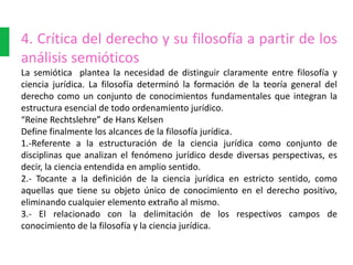 4. Crítica del derecho y su filosofía a partir de los
análisis semióticos
La semiótica plantea la necesidad de distinguir claramente entre filosofía y
ciencia jurídica. La filosofía determinó la formación de la teoría general del
derecho como un conjunto de conocimientos fundamentales que integran la
estructura esencial de todo ordenamiento jurídico.
“Reine Rechtslehre” de Hans Kelsen
Define finalmente los alcances de la filosofía jurídica.
1.-Referente a la estructuración de la ciencia jurídica como conjunto de
disciplinas que analizan el fenómeno jurídico desde diversas perspectivas, es
decir, la ciencia entendida en amplio sentido.
2.- Tocante a la definición de la ciencia jurídica en estricto sentido, como
aquellas que tiene su objeto único de conocimiento en el derecho positivo,
eliminando cualquier elemento extraño al mismo.
3.- El relacionado con la delimitación de los respectivos campos de
conocimiento de la filosofía y la ciencia jurídica.
 