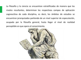 La filosofía y la ciencia se encuentran estratificadas de manera que los
niveles resultantes, determinan los respectivos campos de aplicación
cognoscitiva de cada disciplina, es decir, los ámbitos de estudios se
encuentran jerarquizados partiendo de un nivel superior de especulación,
ocupado por la filosofía general, hasta llegar al nivel de realidad
perceptible en que opera el conocimiento.
 