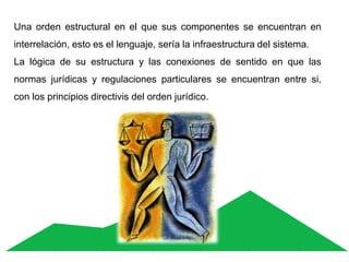 Una orden estructural en el que sus componentes se encuentran en
interrelación, esto es el lenguaje, sería la infraestructura del sistema.
La lógica de su estructura y las conexiones de sentido en que las
normas jurídicas y regulaciones particulares se encuentran entre si,
con los principios directivis del orden jurídico.
 