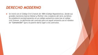 DERECHO MODERNO
 Se inició con el Código Civil francés de 1804 (Código Napoleónico), donde sus
grandes mentores fueron Domat y Pothier (los creadores del Acto Jurídico);
Se estableció normativamente en un código sustantivo como fue el código
civil frances, la definición del contrato pero en aquél entonces con el nombre
de “convención” que a la postre daría lugar a los contratos.
 