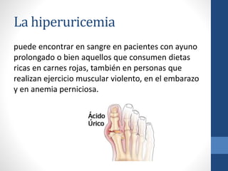 La hiperuricemia
puede encontrar en sangre en pacientes con ayuno
prolongado o bien aquellos que consumen dietas
ricas en carnes rojas, también en personas que
realizan ejercicio muscular violento, en el embarazo
y en anemia perniciosa.
 