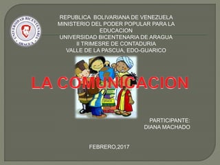 REPUBLICA BOLIVARIANA DE VENEZUELA
MINISTERIO DEL PODER POPULAR PARA LA
EDUCACION
UNIVERSIDAD BICENTENARIA DE ARAGUA
II TRIMESRE DE CONTADURIA
VALLE DE LA PASCUA, EDO-GUARICO
PARTICIPANTE:
DIANA MACHADO
FEBRERO,2017
 