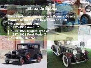 Etapa de Época
Comprende desde el final de la Primera Guerra
Mundial hasta la Gran Depresión de 1929.
Principales vehículos:
§ 1922–1939 Austin 7
§ 1924–1929 Bugatti Type 35
§ 1927–1931 Ford Model T
§ 1930 Cadillac V-16
 