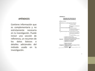 APÉNDICES
Contiene información que
es complementaria y no
estrictamente necesaria
en la investigación. Puede
incluir una sección de
referencia, un resumen de
los datos básicos o
detalles adicionales del
método usado en la
investigación.
 