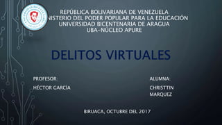 REPÚBLICA BOLIVARIANA DE VENEZUELA
MINISTERIO DEL PODER POPULAR PARA LA EDUCACIÓN
UNIVERSIDAD BICENTENARIA DE ARAGUA
UBA-NÚCLEO APURE
PROFESOR:
HÉCTOR GARCÍA
ALUMNA:
CHRISTTIN
MARQUEZ
BIRUACA, OCTUBRE DEL 2017
 