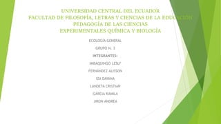 UNIVERSIDAD CENTRAL DEL ECUADOR
FACULTAD DE FILOSOFÍA, LETRAS Y CIENCIAS DE LA EDUCACIÓN
PEDAGOGÍA DE LAS CIENCIAS
EXPERIMENTALES QUÍMICA Y BIOLOGÍA
ECOLOGÍA GENERAL
GRUPO N. 3
INTEGRANTES:
IMBAQUINGO LESLY
FERNÁNDEZ ALISSON
IZA DAYANA
LANDETA CRISTIAN
GARCIA KAMILA
JIRON ANDREA
 