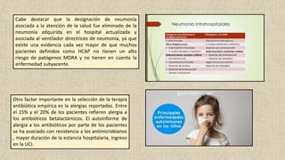 Cabe destacar que la designación de neumonía
asociada a la atención de la salud fue eliminado de la
neumonía adquirida en el hospital actualizada y
asociada al ventilador directrices de neumonía, ya que
existe una evidencia cada vez mayor de que muchos
pacientes definidos como HCAP no tienen un alto
riesgo de patógenos MDRA y no tienen en cuenta la
enfermedad subyacente.
Otro factor importante en la selección de la terapia
antibiótica empírica es la alergias reportadas. Entre
el 15% y el 20% de los pacientes refieren alergia a
los antibióticos betalactámicos. El autoinforme de
alergia a los antibióticos por parte de los pacientes
se ha asociado con resistencia a los antimicrobianos
, mayor duración de la estancia hospitalaria, ingreso
en la UCI.
 