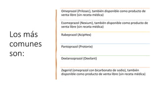Los más
comunes
son:
Omeprazol (Prilosec), también disponible como producto de
venta libre (sin receta médica)
Esomeprazol (Nexium), también disponible como producto de
venta libre (sin receta médica)
Rabeprazol (AcipHex)
Pantoprazol (Protonix)
Dexlansoprazol (Dexilant)
Zegerid (omeprazol con bicarbonato de sodio), también
disponible como producto de venta libre (sin receta médica)
 