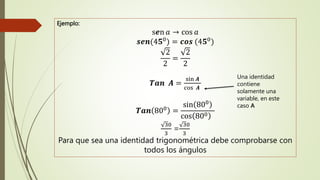 Ejemplo:
s𝒆n 𝑎 → cos 𝑎
𝒔𝒆𝒏(4𝟓0) = 𝒄𝒐𝒔 (4𝟓0)
2
2
=
2
2
𝑻𝒂𝒏 𝑨 =
sin 𝑨
cos 𝑨
𝑻𝒂𝒏 800 =
sin 800
cos 800
30
3
=
30
3
Para que sea una identidad trigonométrica debe comprobarse con
todos los ángulos
Una identidad
contiene
solamente una
variable, en este
caso A
 