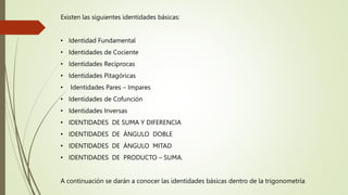 Existen las siguientes identidades básicas:
• Identidad Fundamental
• Identidades de Cociente
• Identidades Recíprocas
• Identidades Pitagóricas
• Identidades Pares – Impares
• Identidades de Cofunción
• Identidades Inversas
• IDENTIDADES DE SUMA Y DIFERENCIA
• IDENTIDADES DE ÁNGULO DOBLE
• IDENTIDADES DE ÁNGULO MITAD
• IDENTIDADES DE PRODUCTO – SUMA.
A continuación se darán a conocer las identidades básicas dentro de la trigonometría
 