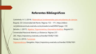 Referentes Bibliográficos
Castañeda, H. S. (2014). Matemáticas fundamentales para estudiantes de ciencias.
Bogotá, CO: Universidad del Norte. Páginas 153 – 171. https://elibro-
net.bibliotecavirtual.unad.edu.co/es/ereader/unad/69943?page=159
Rondón, J. (2017). Algebra, Trigonometría y Geometría Analítica. Bogotá D.C.:
Universidad Nacional Abierta y a Distancia. Páginas 237 -
265. https://repository.unad.edu.co/handle/10596/11583
Henao, A. (2012). Funciones
Trigonométricas Geogebra. https://repository.unad.edu.co/handle/10596/7691
 