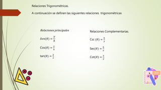 Relaciones Trigonométricas.
A continuación se definen las siguientes relaciones trigonométricas
Relaciones principales
𝛿ⅇ𝑛(𝜃) =
𝑦
ℎ
Cos(𝜃) =
𝑥
ℎ
tan(𝜃) =
𝑦
𝑥
Relaciones Complementarias.
Csc (𝜃) =
ℎ
𝑦
Sec(𝜃) =
ℎ
𝑥
Cot(𝜃) =
𝑥
𝑦
 