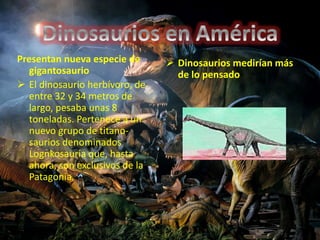 Presentan nueva especie de 
gigantosaurio 
 El dinosaurio herbívoro, de 
entre 32 y 34 metros de 
largo, pesaba unas 8 
toneladas. Pertenece a un 
nuevo grupo de titano-saurios 
denominados 
Lognkosauria que, hasta 
ahora, son exclusivos de la 
Patagonia. 
 Dinosaurios medirían más 
de lo pensado 
 