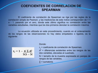 COEFICIENTES DE CORRELACION DE
SPEARMAN
El coeficiente de correlación de Spearman se rige por las reglas de la
correlación simple de Pearson, y las mediciones de este índice corresponden de + 1
a - 1, pasando por el cero, donde este último significa no correlación entre las
variables estudiadas, mientras que los dos primeros denotan la correlación máxima.
La ecuación utilizada en este procedimiento, cuando en el ordenamiento
de los rangos de las observaciones no hay datos empatados o ligados, es la
siguiente:
Donde:
rs = coeficiente de correlación de Spearman.
d2 = diferencias existentes entre los rangos de las
dos variables, elevadas al cuadrado.
N = tamaño de la muestra expresada en parejas de
rangos de las variables.
∑ = sumatoria.
 