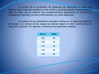 La función de la correlación de Spearman es determinar si existe una
relación lineal entre dos variables a nivel ordinal y que esta relación no sea debida al
azar; es decir, que la relación sea estadísticamente significativa. Si una de las
variables es intercalar y la otra ordinal también se utiliza Spearman.
La mayoría de los estadísticos actuales confluye en el siguiente algoritmo
de trabajo: Los valores de los rangos se colocan según el orden numérico de los
datos de la variable. Por ejemplo, si tenemos las siguientes variables:
TALLA PESO
1,68 68
1,89 70
1,75 80
1,56 45
1,48 48
 