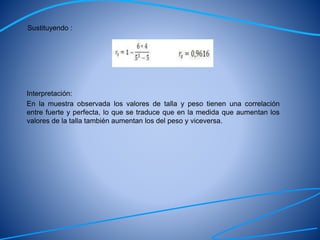 Sustituyendo :
Interpretación:
En la muestra observada los valores de talla y peso tienen una correlación
entre fuerte y perfecta, lo que se traduce que en la medida que aumentan los
valores de la talla también aumentan los del peso y viceversa.
 