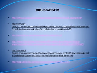 BIBLIOGRAFIA
• http://www.cca.org.mx/cca/cursos/estadistica/html/m14/coef_pearson.htm
• http://www.ray-
design.com.mx/psicoparaest/index.php?option=com_content&view=article&id=25
6:coeficiente-pearson&catid=54:coeficiente-correla&Itemid=75
• http://personal.us.es/vararey/adatos2/correlacion.pdf
• http://www.monografias.com/trabajos85/coeficiente-correlacion-rangos-
spearman/coeficiente-correlacion-rangos-spearman.shtml#ixzz3zYD5EakN
• http://www.ray-
design.com.mx/psicoparaest/index.php?option=com_content&view=article&id=25
3:coeficiente-spearman&catid=54:coeficiente-correla&Itemid=75
• http://rccp.udea.edu.co/index.php/ojs/article/viewFile/274/271
 