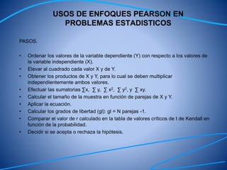 USOS DE ENFOQUES PEARSON EN
PROBLEMAS ESTADISTICOS
PASOS.
• Ordenar los valores de la variable dependiente (Y) con respecto a los valores de
la variable independiente (X).
• Elevar al cuadrado cada valor X y de Y.
• Obtener los productos de X y Y, para lo cual se deben multiplicar
independientemente ambos valores.
• Efectuar las sumatorias ∑x, ∑ y, ∑ x2, ∑ y2, y ∑ xy.
• Calcular el tamaño de la muestra en función de parejas de X y Y.
• Aplicar la ecuación.
• Calcular los grados de libertad (gl): gl = N parejas -1.
• Comparar el valor de r calculado en la tabla de valores críticos de t de Kendall en
función de la probabilidad.
• Decidir si se acepta o rechaza la hipótesis.
 