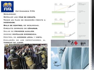 Estándares FIFA 
Seguridad: 
Señalar las vías de escape. 
Tener un plan de reacción frente a incendios. 
Sala de control de seguridad. 
Circuito cerrado de cámaras. 
Salas de primeros auxilios. 
Acceso vehículos emergencia. 
Control de accesos local y visita. 
Exclusión de los espectadores, al terreno de juego.  