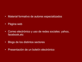 Material formativo de autores especializados Página web Correo electrónico y uso de redes sociales: yahoo, facebook,etc Blogs de los distintos sectores Presentación de un boletín electrónico 