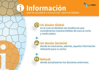 Información
que te ayudará a encontrar oportunidades



          Un dossier Global
          en el cual se detallan las tendencias que
          consideramos imprescindibles de cara al corto
          y medio plazo.


          Un dossier Sectorial
          donde te mostramos, además, aquella información
          relevante para tu sector.



          Refresh
          donde actualizamos los dossieres anteriores.
 