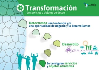 Transformación
de servicios y objetos de deseo


 Detectamos una tendencia y/o
 una oportunidad de negocio y la desarrollamos




                            Desarrollo




                Se consiguen servicios
                y objetos atractivos
 