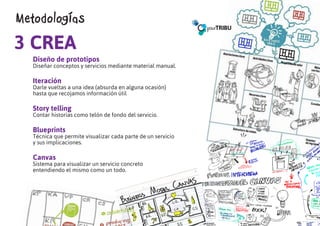 Metodologías
3 CREA
  Diseño de prototipos
  Diseñar conceptos y servicios mediante material manual.

  Iteración
  Darle vueltas a una idea (absurda en alguna ocasión)
  hasta que recojamos información útil

  Story telling
  Contar historias como telón de fondo del servicio.

  Blueprints
  Técnica que permite visualizar cada parte de un servicio
  y sus implicaciones.

  Canvas
  Sistema para visualizar un servicio concreto
  entendiendo el mismo como un todo.
 